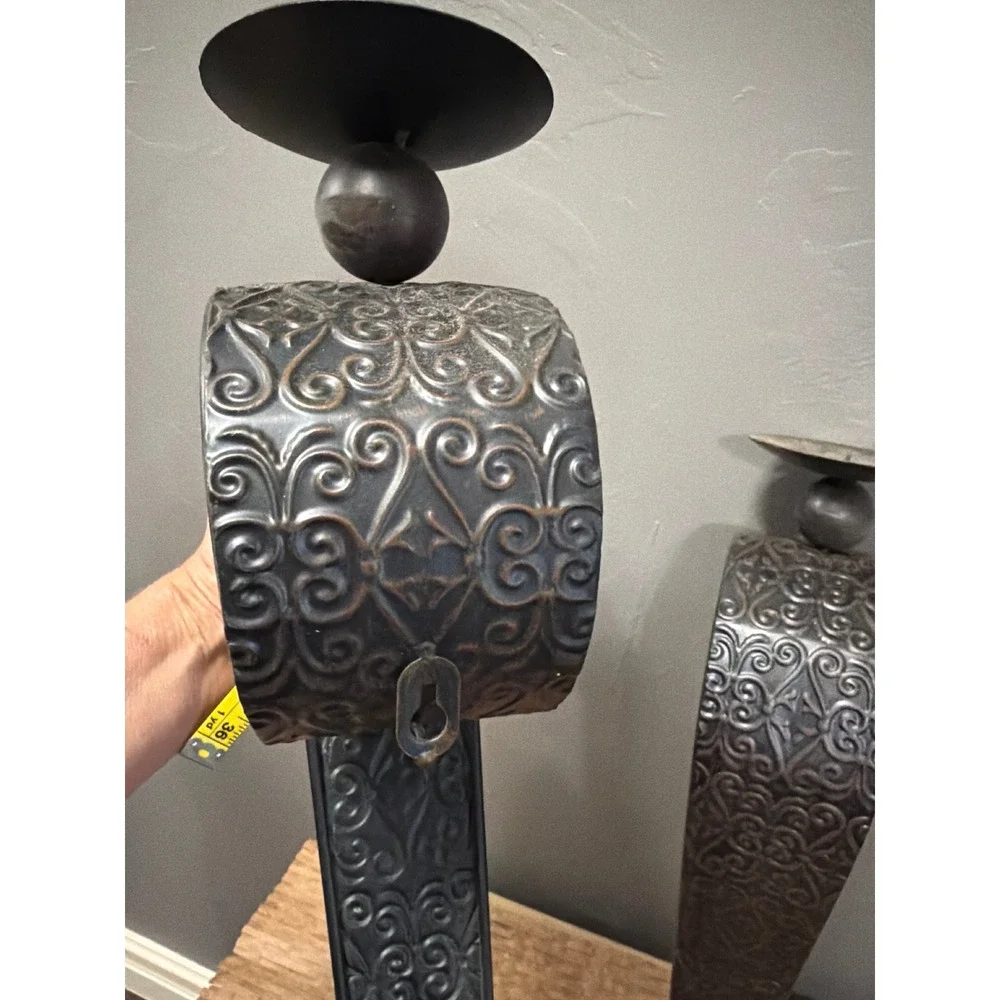 Vintage Bronze Embossed Metal Wall Sconce Pair Scroll Pattern Candle Holders 20